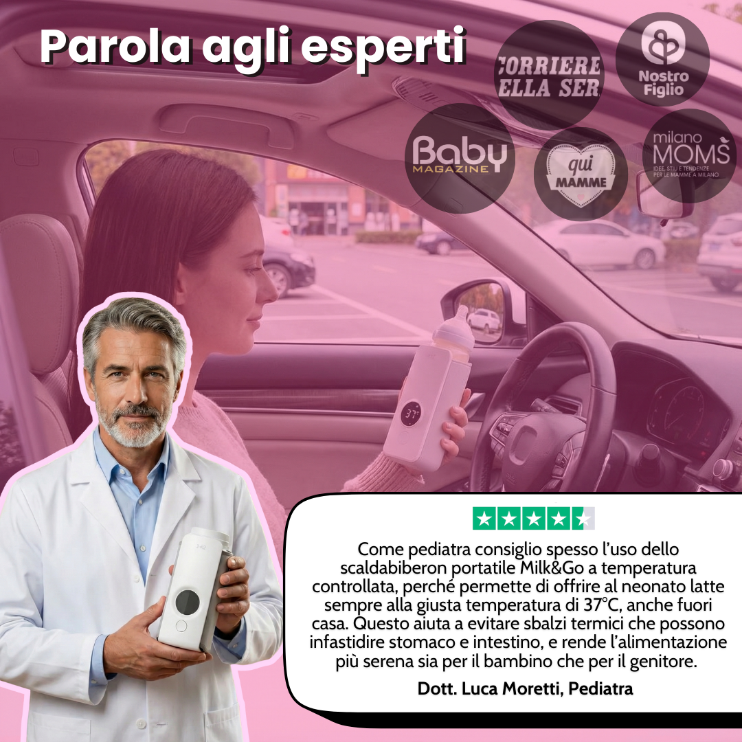 MILK&GO - Scaldabiberon Portatile per Latte Materno e in Polvere | Compatibile con Ogni Marca di Biberon | Scalda il Latte Fuori Casa Senza Sporcare