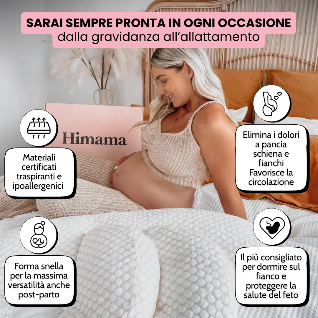 Donna incinta che dorme serenamente con il cuscino Hibump senza dolore a fianchi e schiena