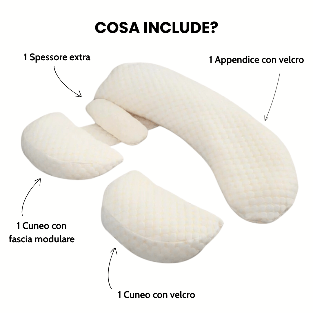 Cuscino a 3 pezzi per dormire sul fianco sinistro. Supporto ergonomico per alleviare sintomi gravidanza e sonno in sicurezza